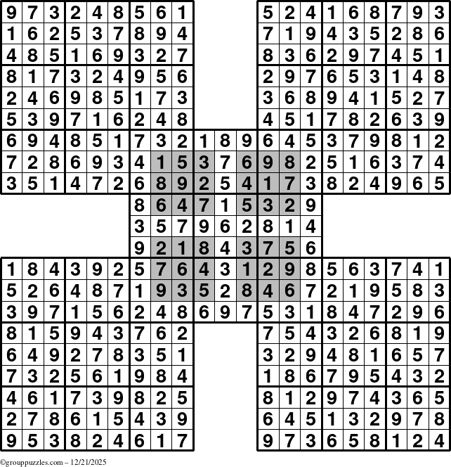 The grouppuzzles.com Answer grid for the HyperSudoku-by5 puzzle for Sunday December 21, 2025