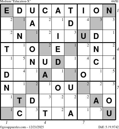 The grouppuzzles.com Medium Education-X puzzle for Sunday December 21, 2025, suitable for printing, with all 5 steps marked