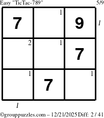 The grouppuzzles.com Easy TicTac-789 puzzle for Sunday December 21, 2025, suitable for printing, with all 2 steps marked