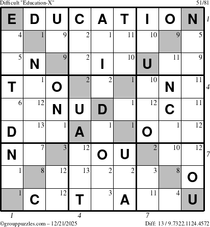 The grouppuzzles.com Difficult Education-X puzzle for Sunday December 21, 2025, suitable for printing, with all 13 steps marked