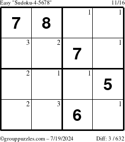 The grouppuzzles.com Easy Sudoku-4-5678 puzzle for Friday July 19, 2024 with the first 3 steps marked