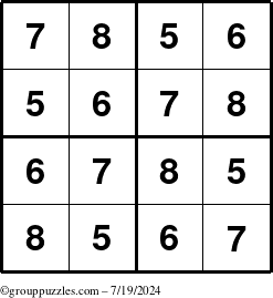 The grouppuzzles.com Answer grid for the Sudoku-4-5678 puzzle for Friday July 19, 2024