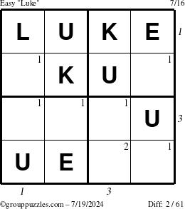 The grouppuzzles.com Easy Luke puzzle for Friday July 19, 2024 with all 2 steps marked