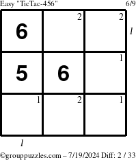 The grouppuzzles.com Easy TicTac-456 puzzle for Friday July 19, 2024 with all 2 steps marked