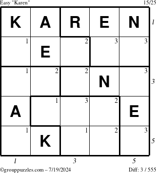 The grouppuzzles.com Easy Karen puzzle for Friday July 19, 2024 with all 3 steps marked