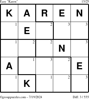 The grouppuzzles.com Easy Karen puzzle for Friday July 19, 2024 with the first 3 steps marked