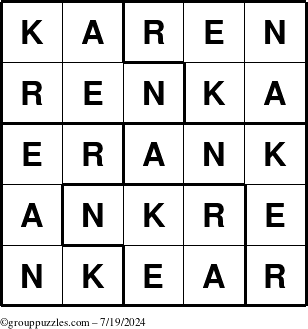 The grouppuzzles.com Answer grid for the Karen puzzle for Friday July 19, 2024