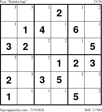 The grouppuzzles.com Easy Sudoku-6up puzzle for Friday July 19, 2024 with the first 3 steps marked