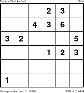 The grouppuzzles.com Medium Sudoku-6up puzzle for Friday July 19, 2024