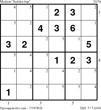 The grouppuzzles.com Medium Sudoku-6up puzzle for Friday July 19, 2024 with all 5 steps marked