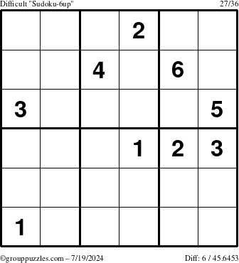 The grouppuzzles.com Difficult Sudoku-6up puzzle for Friday July 19, 2024