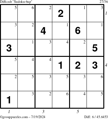 The grouppuzzles.com Difficult Sudoku-6up puzzle for Friday July 19, 2024 with all 6 steps marked