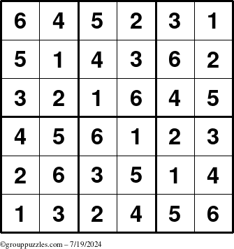 The grouppuzzles.com Answer grid for the Sudoku-6up puzzle for Friday July 19, 2024