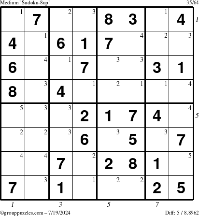 The grouppuzzles.com Medium Sudoku-8up puzzle for Friday July 19, 2024, suitable for printing, with all 5 steps marked