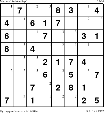 The grouppuzzles.com Medium Sudoku-8up puzzle for Friday July 19, 2024 with the first 3 steps marked