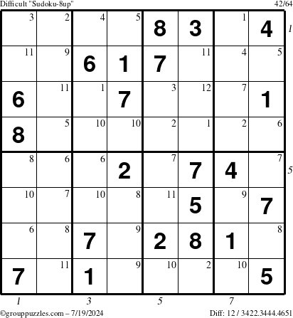 The grouppuzzles.com Difficult Sudoku-8up puzzle for Friday July 19, 2024 with all 12 steps marked