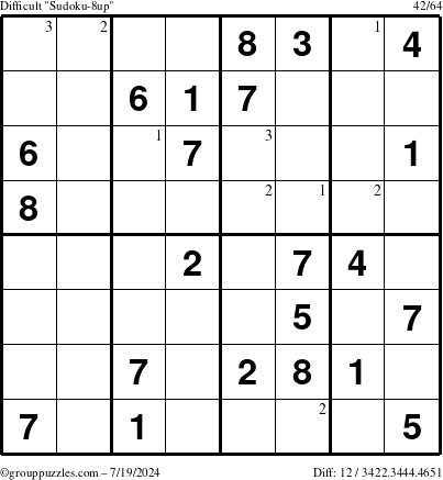 The grouppuzzles.com Difficult Sudoku-8up puzzle for Friday July 19, 2024 with the first 3 steps marked