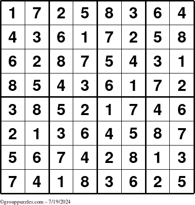 The grouppuzzles.com Answer grid for the Sudoku-8up puzzle for Friday July 19, 2024