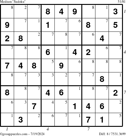 The grouppuzzles.com Medium Sudoku puzzle for Friday July 19, 2024, suitable for printing, with all 8 steps marked