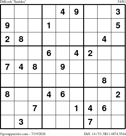 The grouppuzzles.com Difficult Sudoku puzzle for Friday July 19, 2024