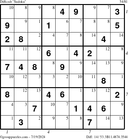 The grouppuzzles.com Difficult Sudoku puzzle for Friday July 19, 2024 with all 14 steps marked