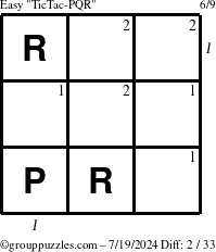 The grouppuzzles.com Easy TicTac-PQR puzzle for Friday July 19, 2024 with all 2 steps marked