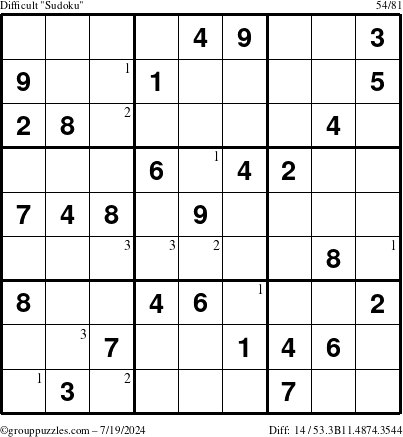 The grouppuzzles.com Difficult Sudoku puzzle for Friday July 19, 2024 with the first 3 steps marked