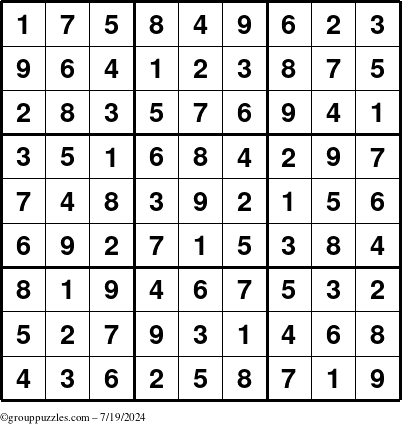 The grouppuzzles.com Answer grid for the Sudoku puzzle for Friday July 19, 2024