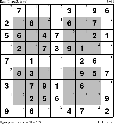 The grouppuzzles.com Easy HyperSudoku puzzle for Friday July 19, 2024 with the first 3 steps marked