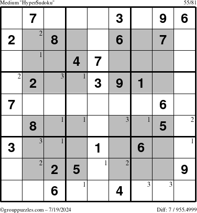 The grouppuzzles.com Medium HyperSudoku puzzle for Friday July 19, 2024 with the first 3 steps marked