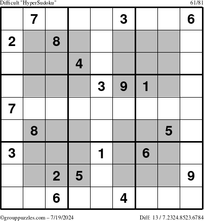 The grouppuzzles.com Difficult HyperSudoku puzzle for Friday July 19, 2024