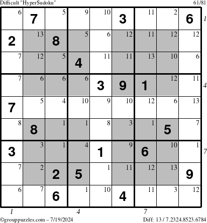 The grouppuzzles.com Difficult HyperSudoku puzzle for Friday July 19, 2024 with all 13 steps marked