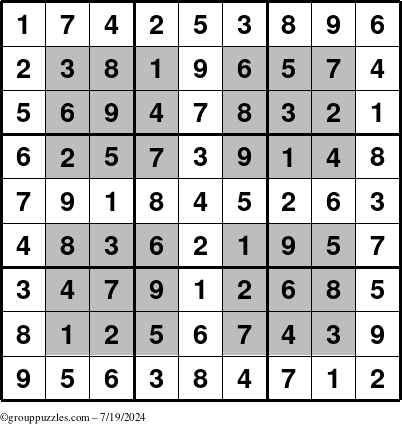 The grouppuzzles.com Answer grid for the HyperSudoku puzzle for Friday July 19, 2024