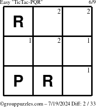 The grouppuzzles.com Easy TicTac-PQR puzzle for Friday July 19, 2024 with the first 2 steps marked