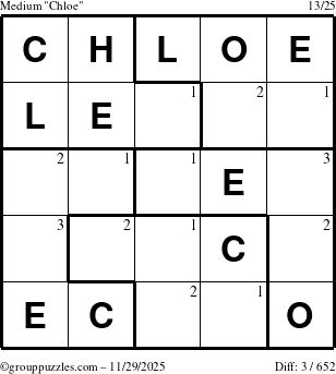 The grouppuzzles.com Medium Chloe puzzle for Saturday November 29, 2025 with the first 3 steps marked
