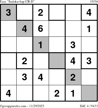 The grouppuzzles.com Easy Sudoku-6up-UR-D puzzle for Saturday November 29, 2025