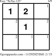 The grouppuzzles.com Easy TicTac-123 puzzle for Saturday November 29, 2025 with the first 2 steps marked