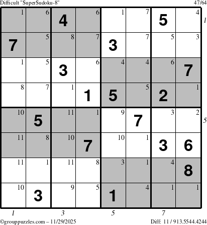 The grouppuzzles.com Difficult SuperSudoku-8 puzzle for Saturday November 29, 2025, suitable for printing, with all 11 steps marked