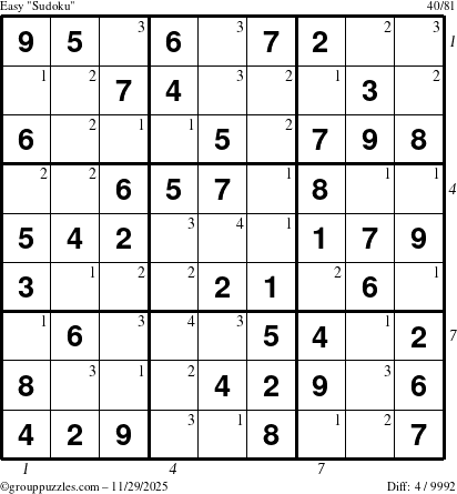 The grouppuzzles.com Easy Sudoku puzzle for Saturday November 29, 2025 with all 4 steps marked