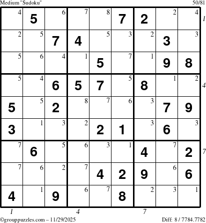The grouppuzzles.com Medium Sudoku puzzle for Saturday November 29, 2025 with all 8 steps marked