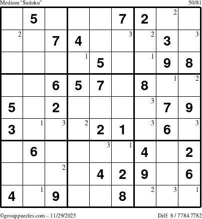 The grouppuzzles.com Medium Sudoku puzzle for Saturday November 29, 2025 with the first 3 steps marked