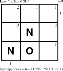 The grouppuzzles.com Easy TicTac-MNO puzzle for Saturday November 29, 2025 with all 2 steps marked