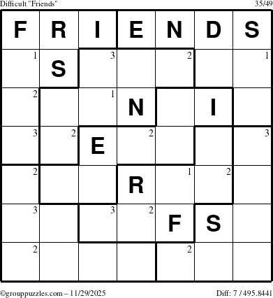 The grouppuzzles.com Difficult Friends puzzle for Saturday November 29, 2025 with the first 3 steps marked