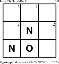 The grouppuzzles.com Easy TicTac-MNO puzzle for Saturday November 29, 2025 with the first 2 steps marked