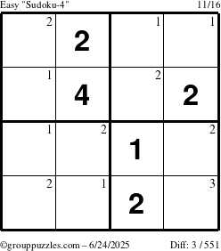 The grouppuzzles.com Easy Sudoku-4 puzzle for Tuesday June 24, 2025 with the first 3 steps marked