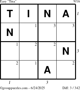 The grouppuzzles.com Easy Tina puzzle for Tuesday June 24, 2025 with all 3 steps marked