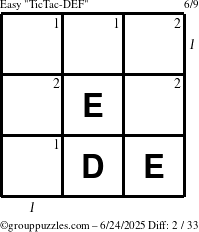 The grouppuzzles.com Easy TicTac-DEF puzzle for Tuesday June 24, 2025 with all 2 steps marked