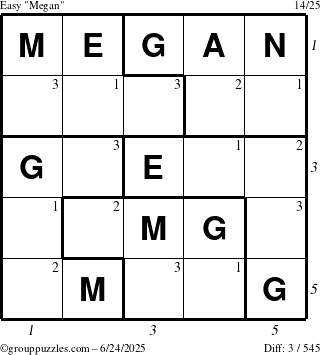 The grouppuzzles.com Easy Megan puzzle for Tuesday June 24, 2025 with all 3 steps marked