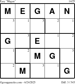 The grouppuzzles.com Easy Megan puzzle for Tuesday June 24, 2025 with the first 3 steps marked