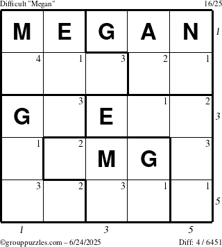The grouppuzzles.com Difficult Megan puzzle for Tuesday June 24, 2025 with all 4 steps marked